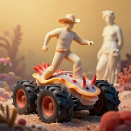 a cowboy turning into blooms by slim aarons, by zhang kechun, by lynda benglis. tropical sea slugs, angular sharp tractor tires. complementary colors. warm soft volumetric light. national geographic. 8 k, rendered in octane, smooth gradients. sculpture by antonio canova. red accents.