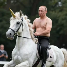 Vladimir Putin rides a unicorn, shirtless, photorealistic, highly detailed, trending in artstation, octane render, Martin Schoeller