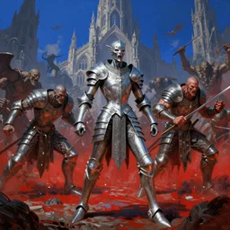 grotesque horrific stylistic vray 3 d render of silver ornate armor slim bodybuilder handsome warriors in battle!!, against orcs, mountains and giant gothic abbeys in the background, hyperrealism, fine detail, 8 k, artsation contest winner, high contrast color scheme, blue at the background red at the foreground!!!, fantasy art, cryengine, brush strokes, oil canvas by mandy jurgens and michael whelan
