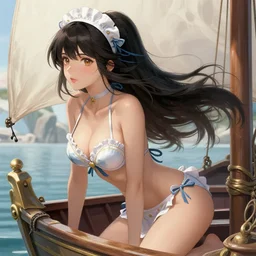 A beautiful female maid wearing a magical bikini posing on a boat, detailed face, fantasy art, in the style of Daniel Oldenburg, illustration, epic, fantasy, intricate, hyper detailed, artstation, concept art, smooth, sharp focus, ray tracing, profile shot