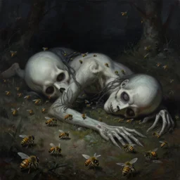 painting of an ominous creepy corpse laying on the ground filled with many small bees, horror art, fantasy, gothic style, beautiful stunning artwork, dark environment, surreal, lifeless