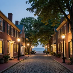 newburyport massachusetts colonial city street over the ocean, many lights in shops on street, tall maple trees along street, chimneys on buildings, cobblestone street, old street lamps, thomas kinkade, light cinematic, otherworldly, volumetric, realistic, cinematic lighting, ray tracing, unreal engine 5, octane render, hyper realistic, photo, 8 k