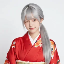 girl, silver hair ponytail, winking, red colorful kimono with koi patterns, trending on artstation, detailed, cinematic, body shot, ilustration by Takehiko Inoue and Yoann Lossel