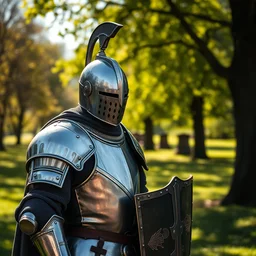photo still of a knight from medieval in a park on a bright sunny day, 8 k 8 5 mm f 1 6