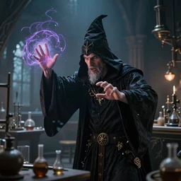 a beautiful panting of a dark wizard casting spell, alchemist lab, hyperrealistic, cinematic atmosphere, epic, artstation