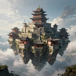 ancient chinese castle floating in the sky panoramic view, style artstation, style greg rutkowsk, octane render, unreal engine 6, epic game graphics, fantasy, cyberpunk, conceptual art, ray tracing