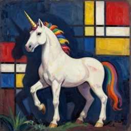 A unicorn with rainbow color by Piet Mondrian