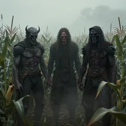 demons inside a corn field, foggy, artstation