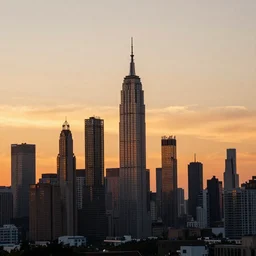 A city skyline made out of utensils instead of buildings, at sunset, beautiful lighting, detail