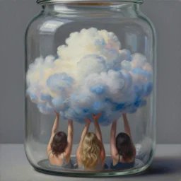 beautiful clouds tapped inside hanging jars. puffy colorful clouds in moody greys and blues, all inside the jar. beautiful detailed dramatic painting by artgerm and magali villanueve and james jean