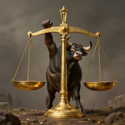 photo of a bull holding up ancient and magnificent golden scales of balance, marc simonetti, greg rutkowski, ferdinand knab, hyperdetailed, photorealistic, 8 k resolution, trending on artstation, surrealism, fantasy