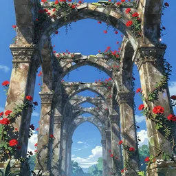 broken arches leading to the pillars of eternity draped with red flowers and vines, blue sky, lens flare, a sense of mystery, ultra detailed, intricate, sharp focus, Matte painting by Makoto Shinkai and thomas kinkade, 8K
