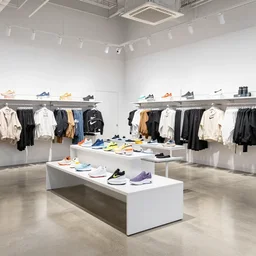 hyperdetailed large nike boutique flagship retail. white walls. polished concrete floor. display tables with colorful shoes and varied clothes. bright digital screens on walls. low ceilings with downlights and spots. white corian and oak furniture. plants. muted colors. studio photo.