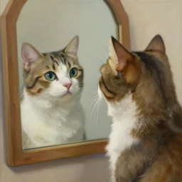 a painting of a cat with a human face, looking in a mirror and seeing a human face looking back at it.