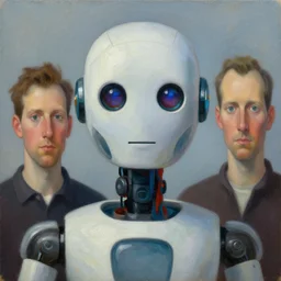 super - intelligent robot with kind eyes portrait, grant wood, pj crook, edward hopper, syd mead, oil on canvas