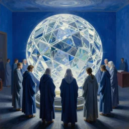 worshippers in robes huddled around a very complex gigantic reflective glowing glass crystal tesseract orb violently illuminating a small room, very bright white light, small room, enlightening, high detailed beksinski painting, part by adrian ghenie and gerhard richter. masterpiece, deep colours, blue