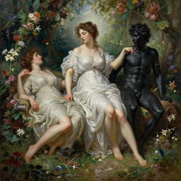 a messy greek painting of bathsheba and black adonis in the garden of eden, flowers, intricate, elegant, highly detailed, digital painting, artstation, concept art, smooth, sharp focus, dynamic lighting by delphin enjolras, ultrarealistic, cinematic, octane render