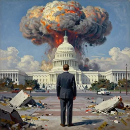 United States President viewing the destruction of the Capital, Nuclear Cloud, 1958, Oil on Canvas, Antiwar, full body
