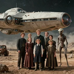 sharp, detailed, 65536k film still from a sci fi blockbuster color movie made in 2019, set in 1860, of a family standing in front of a spaceship that has just landed on an alien planet, a humanoid alien creature stands nearby, the family are all wearing 1860s era clothes, good lighting, good photography
