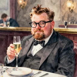 watercolor painting of a fat guy with glasses, short beard, odd haircut and a glass of champagne, in classic suit in a bar setting, dimly lights, afternoon tea, a very interesting and intellectual person