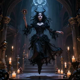 VFX movie of levitating ascending beautiful goth woman in the decadent attic, demonic magic ritual, candles, glowing eyes, atmospheric natural lighting at night by Emmanuel Lubezki