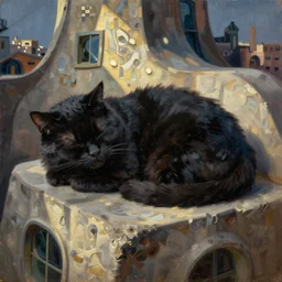 an oil painting of a cute fat black cat sleeping in the style of gehry and gaudi