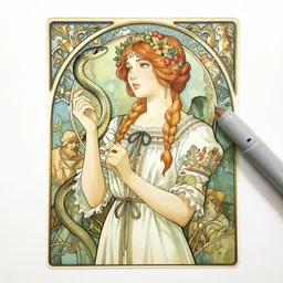 an art nouveau copic maker illustration of a russian girl holding a snake by kilian eng, john berkey and norman rockwell