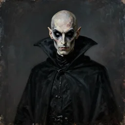 a bald vampire wearing a long black robe with large bat ears huge black eyes and gray skin, character art, nosferatu, painting by wayne barlowe