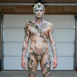 a human standing in his garage, he is covered with iridescent bodypaint, shells and barnacles