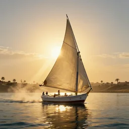 A highly detailed 4K fantasy matte painting of sailing toward the sun on a felucca along the ancient River Nile, in ancient Egypt during the golden hour in summer, volumetric sun rays and dust, water reflection, Thomas Kinkade, Greg Rutkowski, ArtStation, CGSociety, Unreal Engine