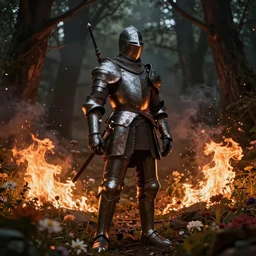 full body image of a knight in bed of flowers in dark forest, surrounded by fire and smoke, moody, rim light, dynamic lighting, cinematic shot, gritty, ultra - detail, renderman, physically based render