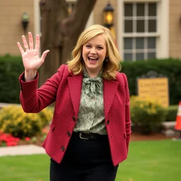 leslie knope from the tv show parks and recreation waving goodbye