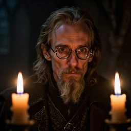 skinny, cautious, paranoid 7 0 years old alchemist ( ian mckellen with a long goatee and with scissor glasses ), looks around in a dark medieval inn. close up, zoom in, dark shadows, colorful, candle light, law contrasts, fantasy concept art by jakub rozalski, jan matejko, and j. dickenson