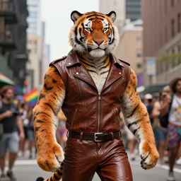 anthropomorphic, anthro, furry Tiger man in leather clothes ,pride parade,city,buildings art by Tony sart, Thomas kinkade