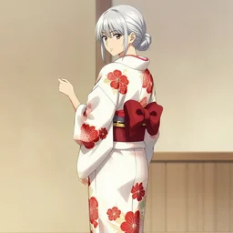 beautiful girl, silver hair, white kimono with complex red flower patterns, full body, looking to camera, (showing her shoulder) from back, ilustration by Takehiko Inoue (and Krenz Cushart)