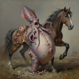 a perfect hyperrealist painting of a human squid chimera creature. being torn apart by a horse with tumours all over its bloated swollen blasphemous body. screaming and panic. fine art, gallery lighting, solemn, and exquisite