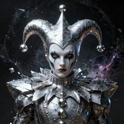 front shot of a court jester character fine portrait fine portrait mesmerizing fractal hyper cubes platinum cracked dark future hyper dimensional space galactic crystal shard nebula edges elegant detailed intricate concept artstation sharp focus cinematic masterpiece temporal corruption beeple wlop lok du germ gustave dore 8 4 k scifi realistic illustration fujifilm nvidia octane render