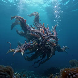 cyberpunk sealife fighting underwater, deep sea, organic, mariana trench, midnight zone, bubbles, hyper realistic, hyper detailed, digital art, trending in artstation, studio quality, photorealistic, photo, by jesper ejsing, wlop, paul lehr