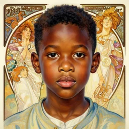 colourful upper half caricature portrait of an african boy in magazine collage style, art by hsiao - ron cheng & alphonse mucha, highly detailed, digital painting, ray tracing, concept art, illustration, smooth sharp focus, intricate, symmetry, artstation,