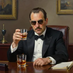 ! centered! beautiful oil matte portrait painting : mafia boss. holding a glass of whiskey. at 5 0 s new york office desk. wonderful masterpiece. highly detailed