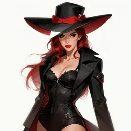 megan fox with eyeliner makeup from genshin impact in triangle fedora hat and black coat, wavy lingeries, intricate, elegant confident pose, sharp focus, illustration, highly detailed, digital painting, concept art, art by wlop and artgerm and ross tran, masterpiece, red and white and black colors
