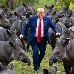 united states president donald trump fleeing from a horde of wretched tapirs