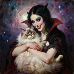 a renaissance oil painting by alma tadema of demonic vampire evil woman with mischievous smile and fish eyes hugging a large fluffy cat, colourful pastel trending artstation, detailed portrait academic bouguereau high shadow contrast medium shot, sharp focus cosmic nebula background