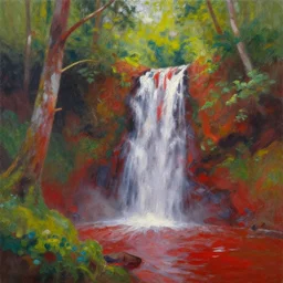 red waterfall in a colorful forest, oil painting
