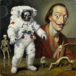 astronaut skeleton by james jean and salvador dali and shusei nagaoka, oil on canvas, exquisitely intricate details, surrealism, neoclassicism, renaissance, hyper realistic, ultra detailed, cell shaded, 8 k