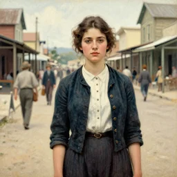 a young woman standing on a busy street in a country town in the 1 9 7 0 s, painterly, offset printing technique, by alexandre cabanel