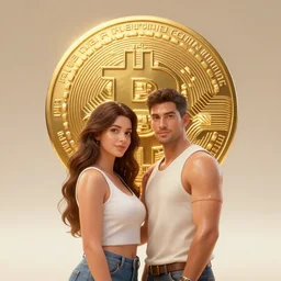 attractive oiled up glossy couple posing together in front of a huge golden bitcoin, angelic light, commercial by annie liebovitz, gaston bussiere, craig mullins, j. c. leyendecker, photorealistic, trending artstation, 8 k