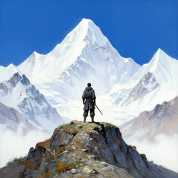 painting of a lonesome warrior at the peak of himalayas, vibrant, style of kentaro miura and conrad roset