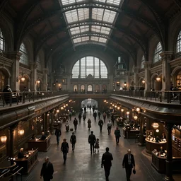 interior of a steampunk victorian railway station, people everywhere, atmospheric, dramatic architecture