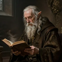 a 1 3 th century, enigmatic, melancholic, fae wizard ( look like ( ( eighty years old christopher lee ) ), is ( ( reading an old book ) ). light dust, magnificent, hyperdetailed, theatrical, painted by hans holbein